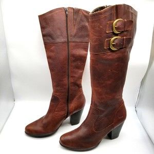 b.o.c. Women Heeled Tall Boots Brown Leather Side Zip Buckle 9.5